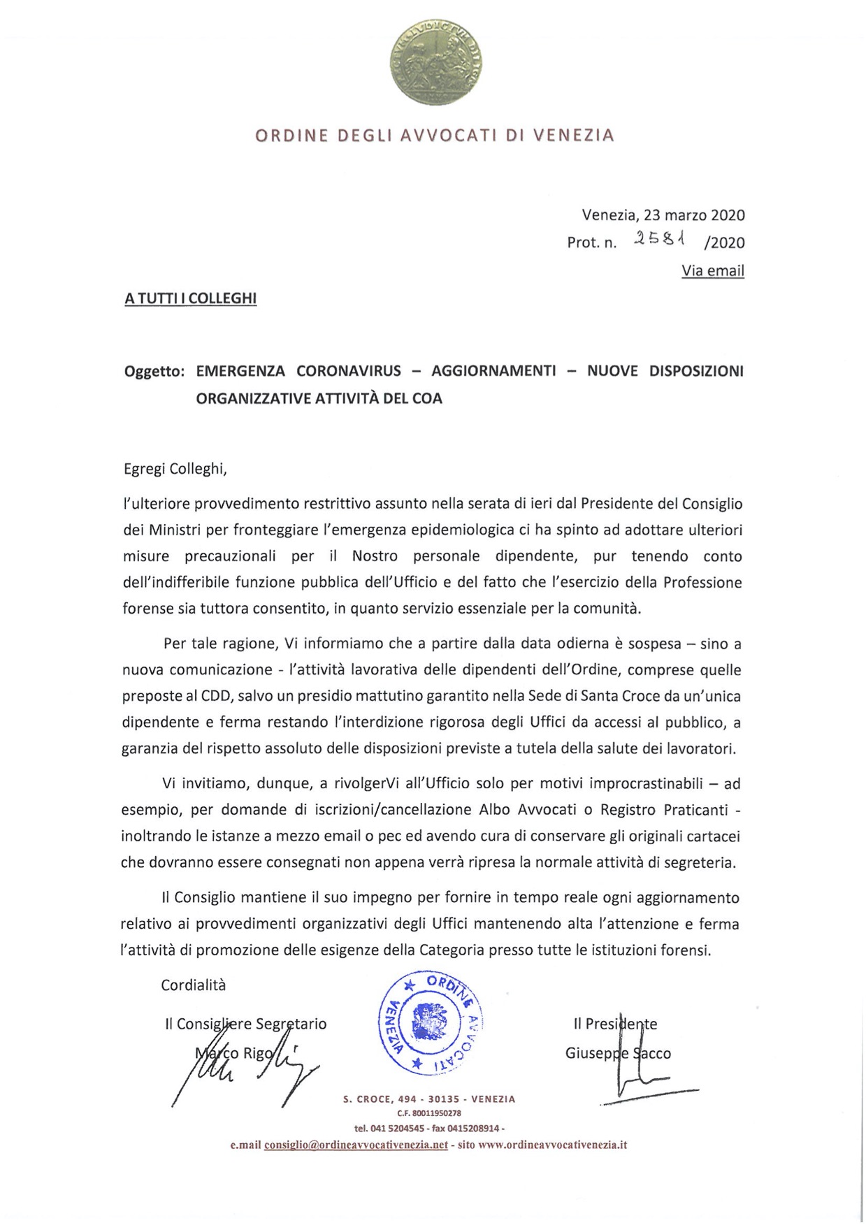 Comunicazione Presidente Consiglio dell'ordine degli Avvocati di Venezia 23.03.2020 - Nuove disposizioni organizzative attività del COA
